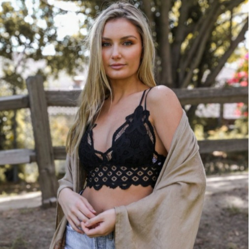 Crochet lace longline bralette cotton nylon black only New